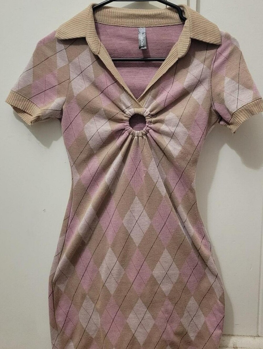 Luna Chix Argyle Collared Knit Dress with Center Ring Detail - Pink & Tan